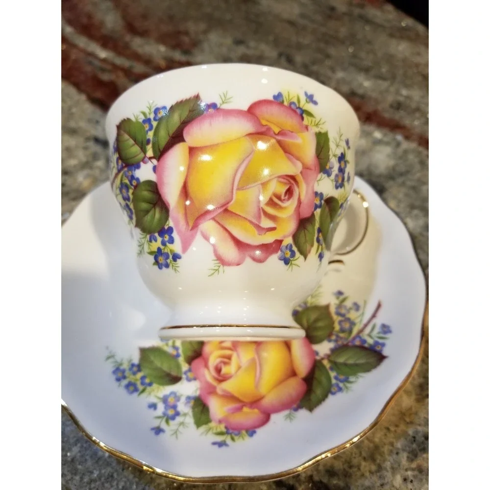 Royal Vale Bone China Pink Yellow Rose Cup & Saucer Made in England